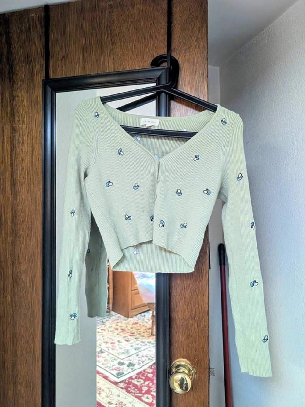 LA Hearts Sage Green Mushroom Embroidered Ribbed Cardigan